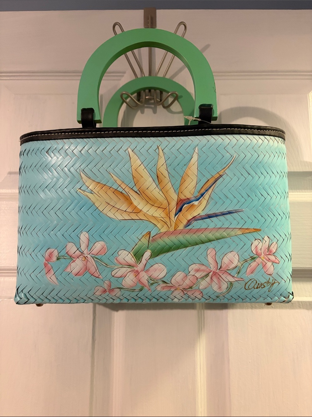 Vintage Hand-Painted Aqua Woven Floral Tote